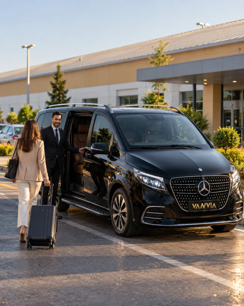 Ein schwarzes Vanvia-VIP-Transferfahrzeug wartet am Bordstein vor einem Flughafenterminal; ein Gast mit Koffer geht zur Seitentür, die der Chauffeur aufhält