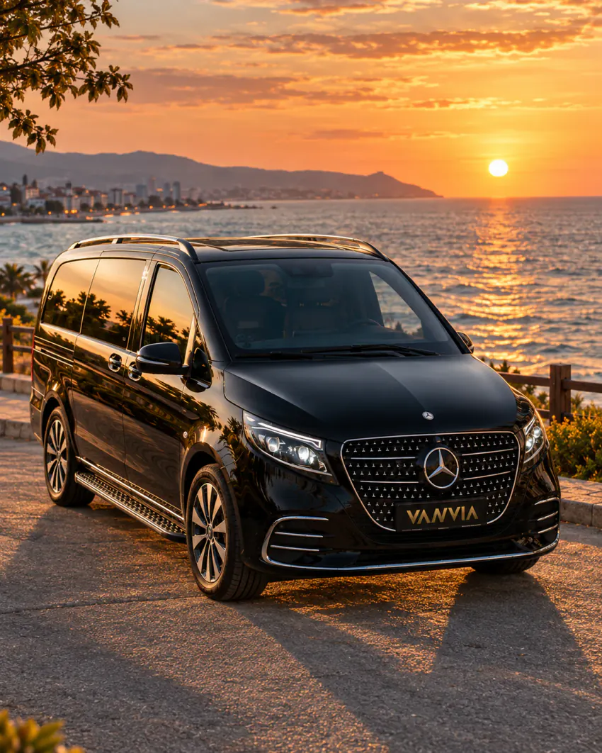 Ein schwarzes Vanvia-VIP-Transferfahrzeug parkt bei Sonnenuntergang an einem Aussichtspunkt an der Küste, dahinter ein Küstenort und das offene Meer