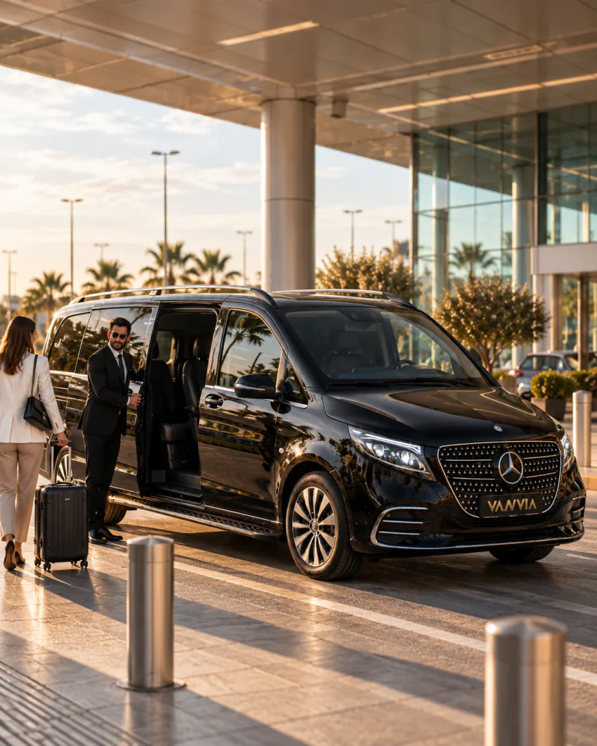 Palmiyeli bir terminal kaldırımında yan kapısı açık siyah Vanvia VIP transfer aracı; güneş gözlüklü şoför valizli misafiri karşılıyor