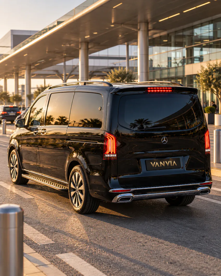 Terminal binasının önünde kaldırım kenarına park etmiş siyah Vanvia VIP transfer aracının arka çapraz görünümü; çevrede palmiyeler var