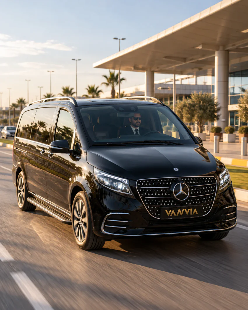 Terminal sundurmasının önündeki yolda ilerleyen siyah Vanvia VIP transfer aracı; direksiyonda takım elbiseli, güneş gözlüklü şoför görünüyor, yol boyunca palmiyeler uzanıyor