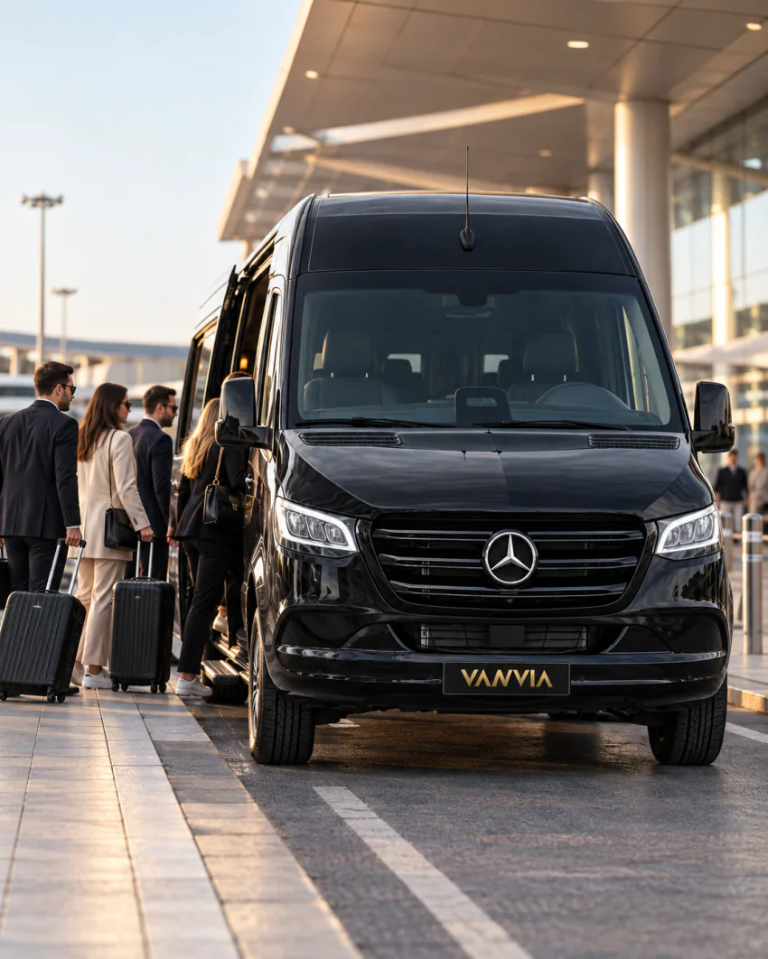 Terminal önünde kaldırım kenarında duran siyah Vanvia VIP transfer aracı; valizli bir grup yolcu yan kapıdan araca biniyor
