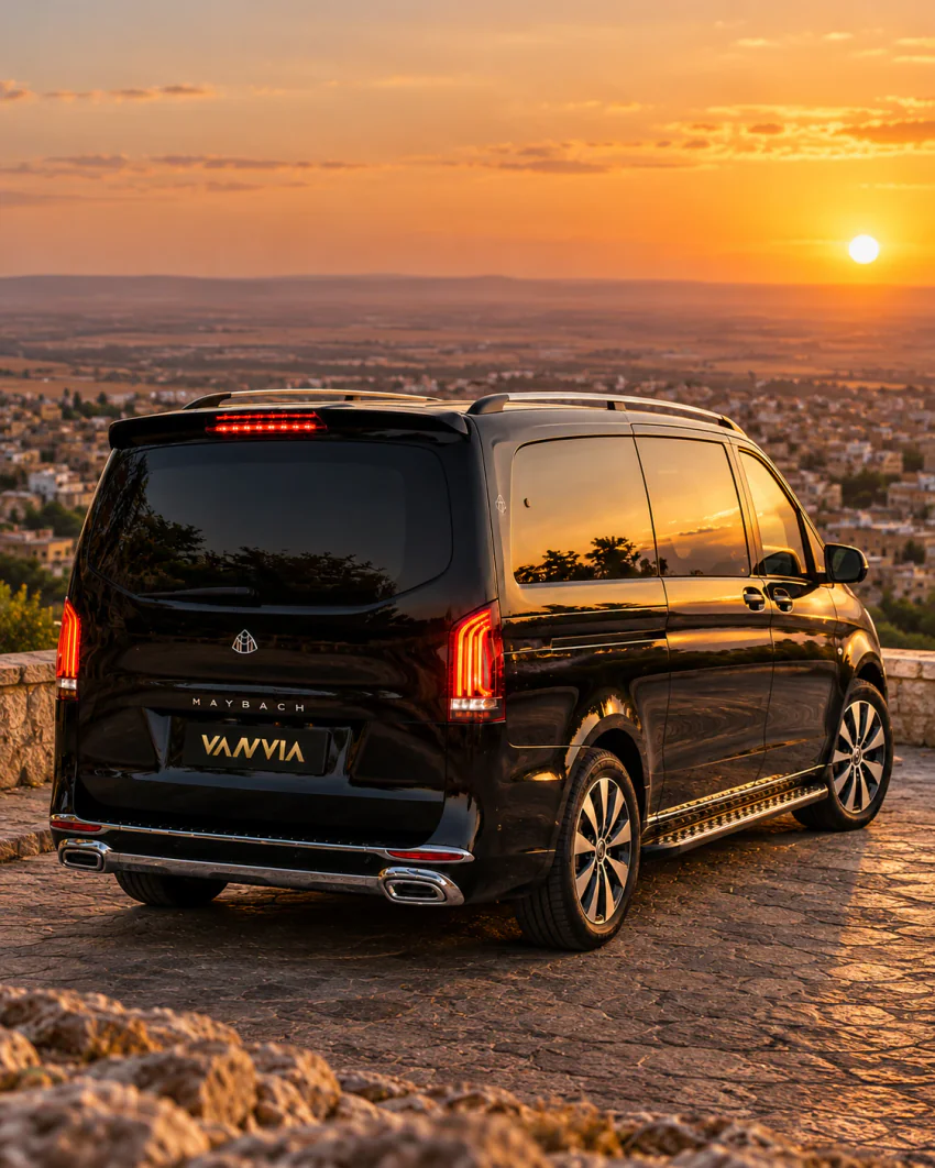 Gün batımında Şanlıurfa'ya ve ardındaki düz ovaya bakan taş bir seyir noktasında park etmiş siyah Vanvia VIP transfer aracının arka çapraz görünümü