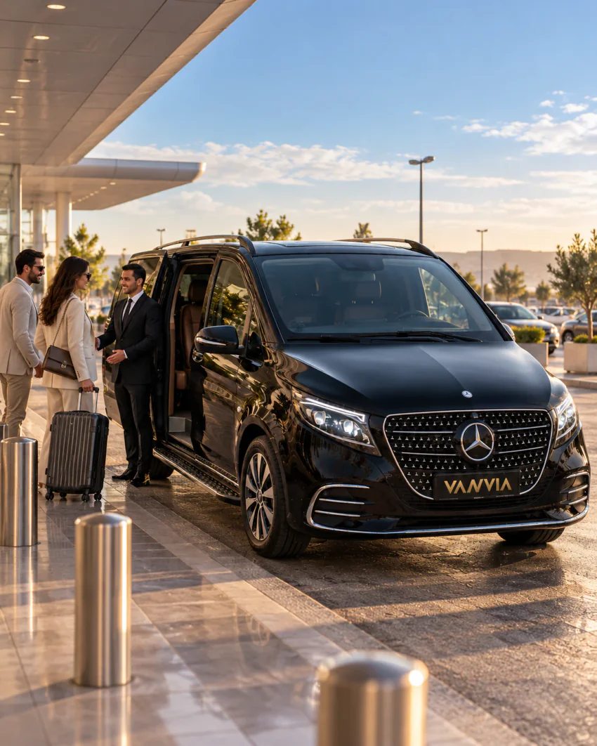 Bir terminal saçağının yanındaki kaldırımda siyah Vanvia VIP transfer aracı; şoför açık yan kapıda misafirleri karşılıyor, yanlarında bir valiz var