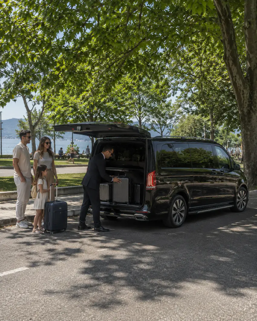 Göl kenarındaki ağaçlık bir parkta, şoförün bavulları yerleştirdiği bir aileyle birlikte duran siyah Vanvia VIP transfer aracının arka çapraz görünümü
