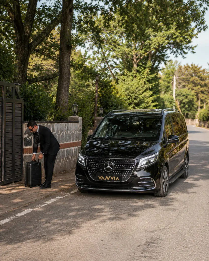 Taş duvarlı bir girişin yol kenarında duran siyah Vanvia VIP transfer aracının önünde, şoförün bavulu kaldırıma bıraktığı ağaçlık bir sokak görünümü