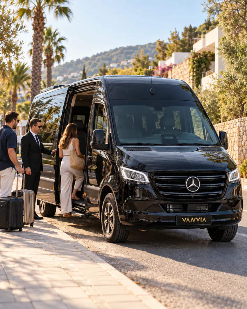 Sarıgerme'de uzun palmiyelerin sıralandığı, arkada begonvilli beyaz evlerin ve yeşil tepelerin yükseldiği bir caddenin kaldırım kenarında duran siyah Vanvia VIP transfer aracına gündüz binen yolcular; şoför açık yan kapının yanında bekliyor