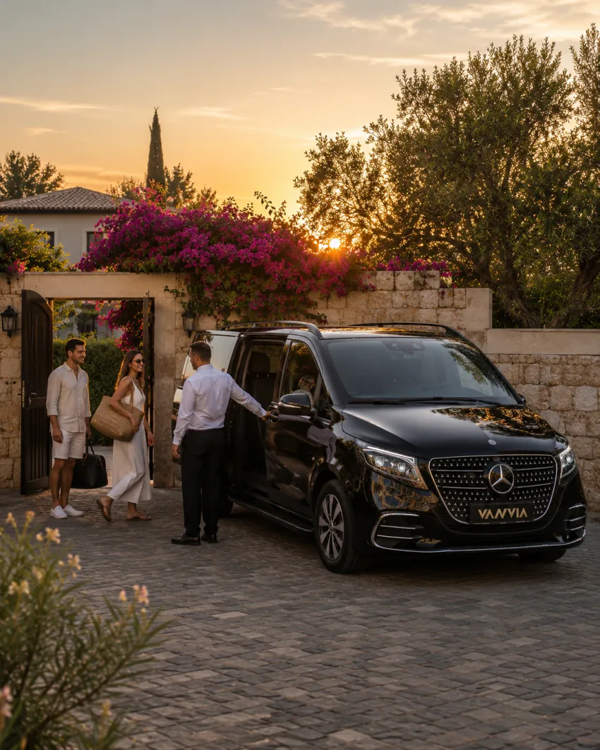 Sarıgerme'de akşam alacakaranlığında bugenvil çiçekleriyle kaplı taş bir villa girişinde şoförün kapıyı açtığı an, girişte bekleyen çift ve siyah Vanvia VIP transfer aracı