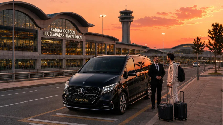 Ein Fahrgast wartet bei Sonnenuntergang mit Gepäck vor dem Schild des Flughafens Sabiha Gökçen, neben einem schwarzen Vanvia-VIP-Transferfahrzeug