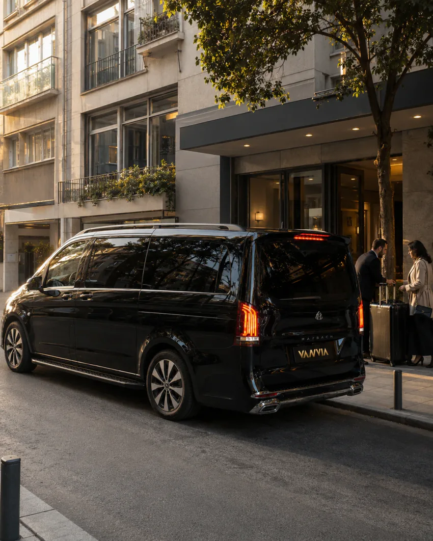 Mercedes-Benz Vito VIP mit Gästen und Gepäck am Eingang einer Wohn- oder Hotelanlage