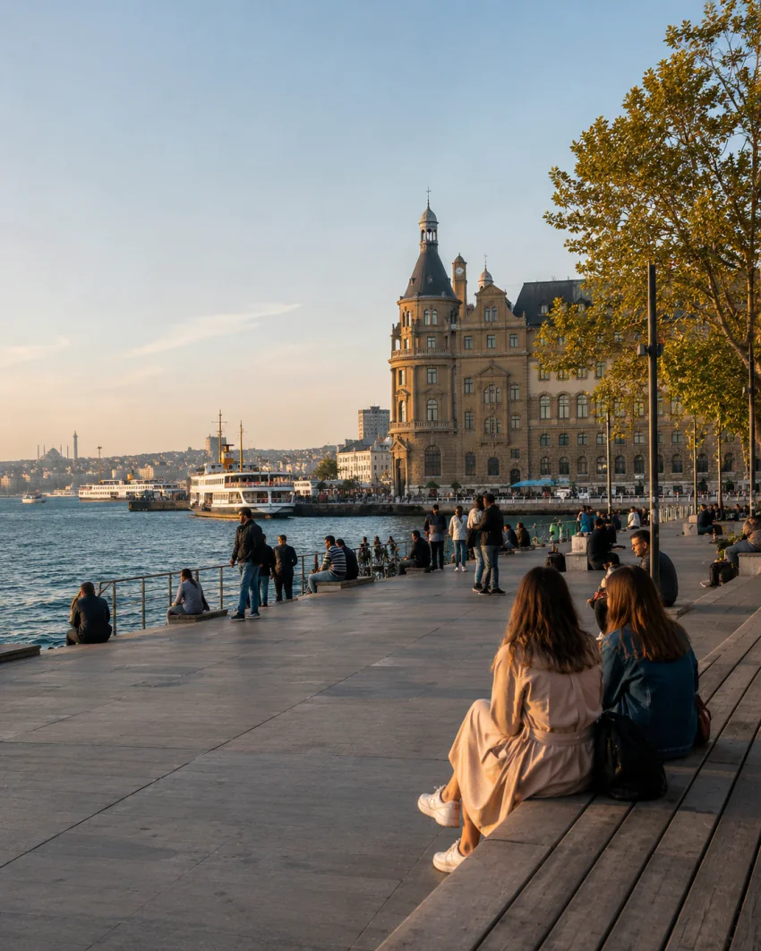 Besucher entlang der Uferpromenade von Kadıköy mit einem historischen Gebäude und Fähren im Hintergrund