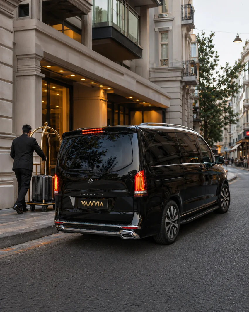 Mercedes-Benz Vito VIP am Eingang eines Hotels in Beyoğlu, während das Personal mit einem Gepäckwagen wartet