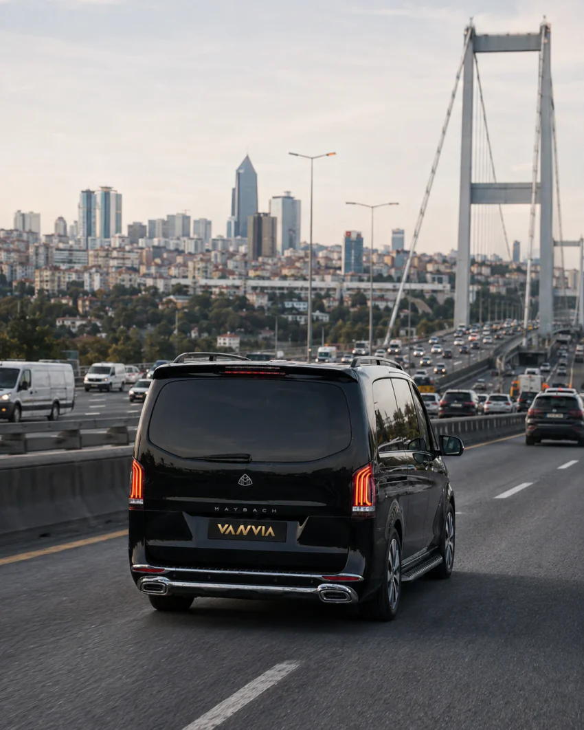 Rückansicht des Mercedes-Benz Vito VIP bei der Überquerung zwischen der asiatischen und europäischen Seite mit der Skyline im Hintergrund