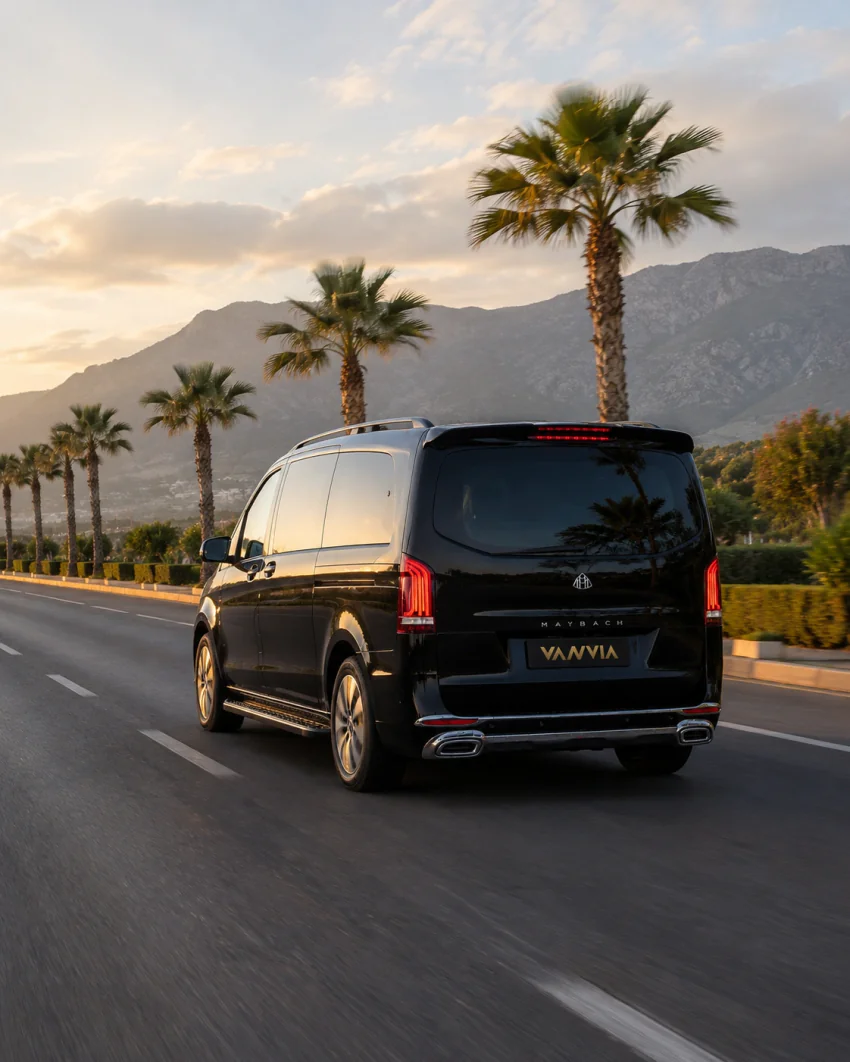 Rückansicht eines schwarzen Vanvia-VIP-Transferfahrzeugs, das im goldenen Licht auf einer von Palmen gesäumten Küstenstraße vor einer Bergkulisse in Richtung Flughafen Antalya von Side aus fährt, dahinter eine Bergkette