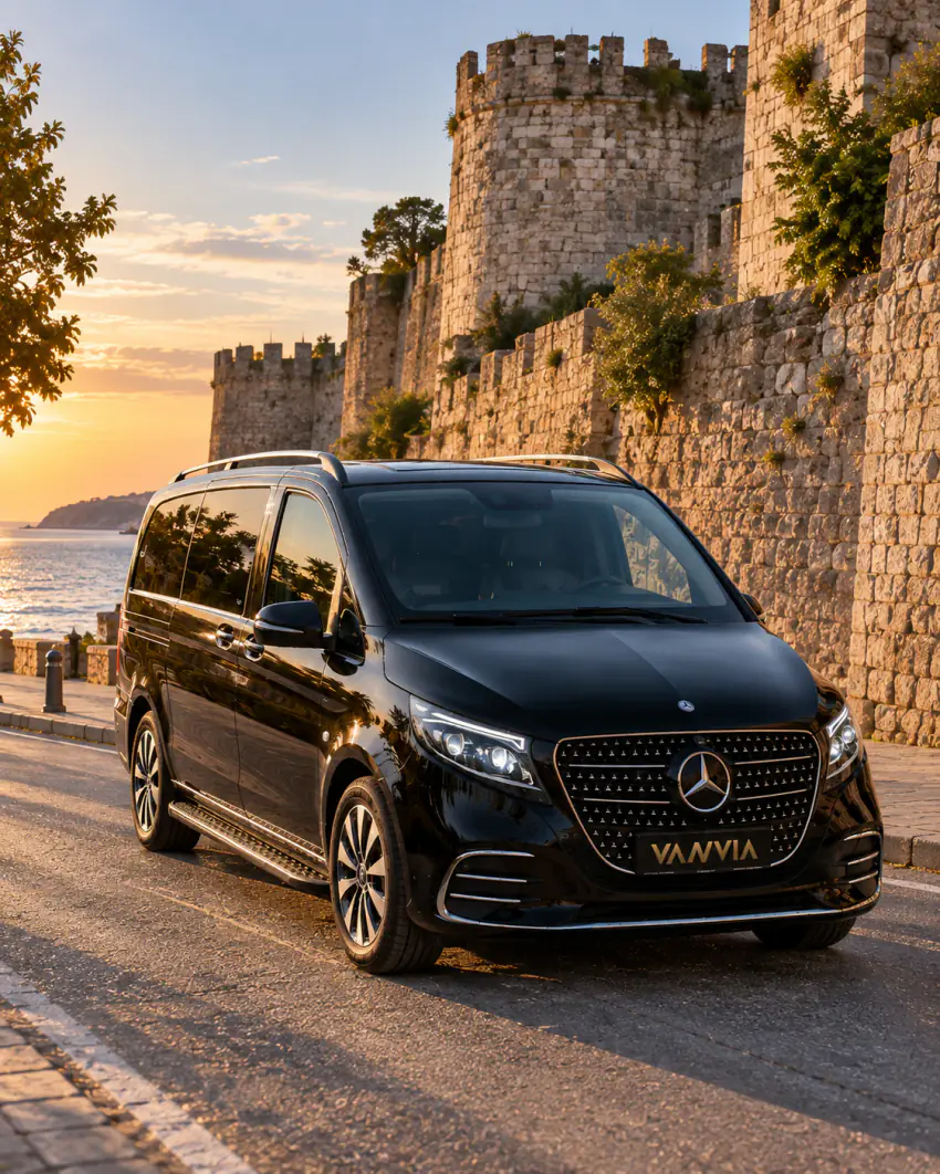 Чёрный VIP-автомобиль Vanvia на общественной улице у исторических каменных стен и башен в Синопе, море на закате