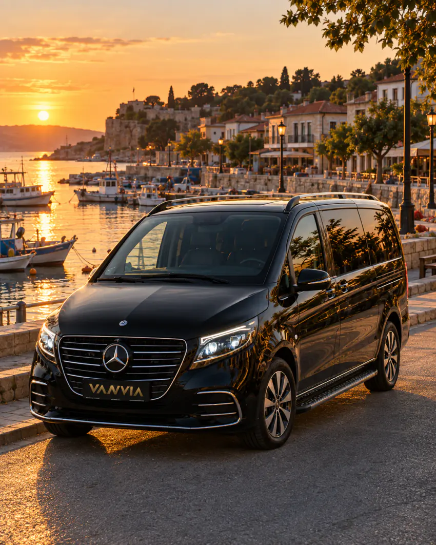 Чёрный VIP-автомобиль Vanvia припаркован на дороге вдоль гавани в золотой час, рядом пришвартованы небольшие лодки