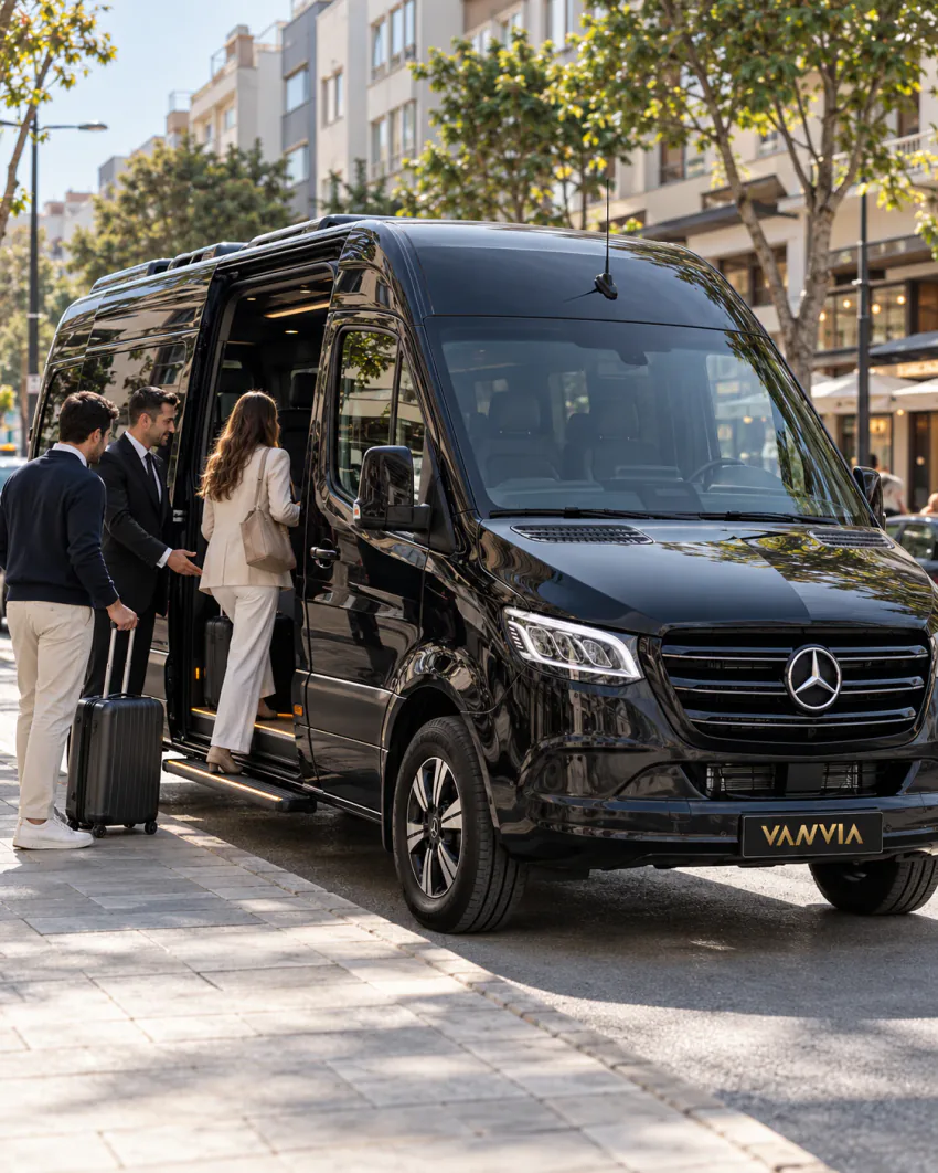 Tekirdağ'da ağaçlı bir caddede, apartmanların ve kafe tentelerinin önündeki kaldırım kenarında duran siyah Vanvia VIP transfer aracına valiziyle binen yolcular; şoför açık yan kapının yanında bekliyor
