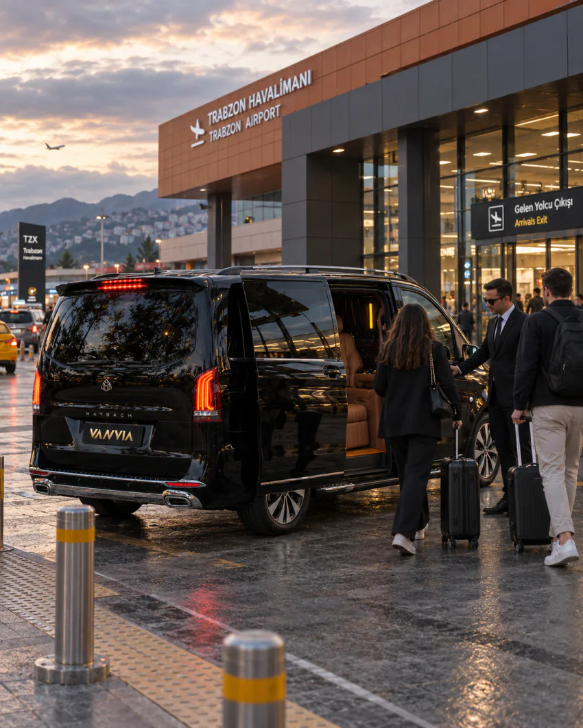 Siyah Vanvia VIP transfer aracının açık kapısında akşamüzeri yolcular kendi valizleriyle araca binmeye hazırlanıyor; arka planda 'Trabzon Havalimanı / Trabzon Airport' cephesi ve 'Gelen Yolcu Çıkışı / Arrivals Exit' tabelası görülüyor