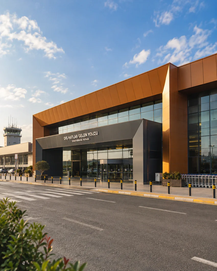 Trabzon Havalimanı'nın (TZX) turuncu-bakır ve koyu gri cepheli dış hatlar geliş terminali, üzerinde 'Dış Hatlar Gelen Yolcu / International Arrivals' tabelası ve arka planda kule görülüyor; araç yok