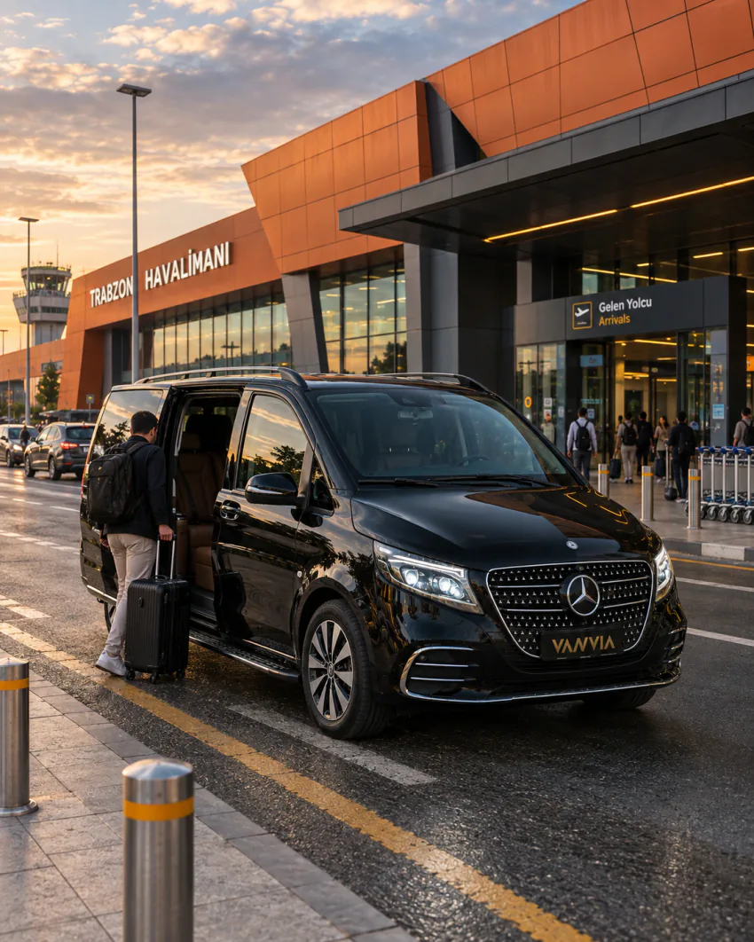 Siyah Vanvia VIP transfer aracı, Trabzon Havalimanı'nın kamuya açık geliş kaldırımında duruyor; arka planda 'Trabzon Havalimanı' tabelası ve 'Gelen Yolcu / Arrivals' yönlendirme tabelası görülüyor, bir yolcu sırt çantası ve valiziyle araca biniyor