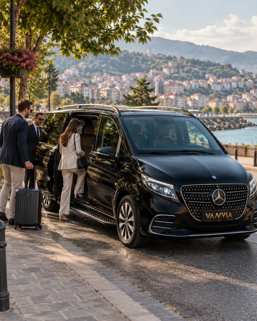 Siyah Vanvia VIP transfer aracının yanında kendi valizleriyle duran yolcular, araca binmeye hazırlanıyor; arka planda çiçekli bir gezinti yolu ve kıyı şehri manzarası görülüyor