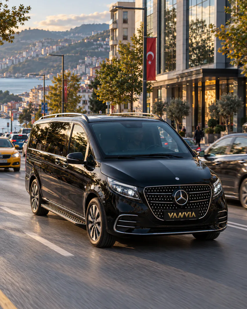 Vanvia VIP transfer aracı, cam cepheli modern bir binanın önünden geçtiği bir caddede ilerliyor; arka planda tepelere yayılan şehir dokusu ve bir Türk bayrağı görülüyor
