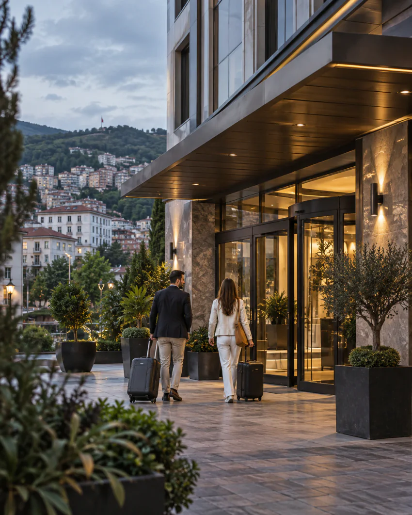 Kendi valizlerini çeken bir çift, modern ve şık bir otel girişine doğru yürüyor; arka planda tepeye yayılan şehir manzarası görülüyor; otel adı veya markası görünmüyor, araç yok
