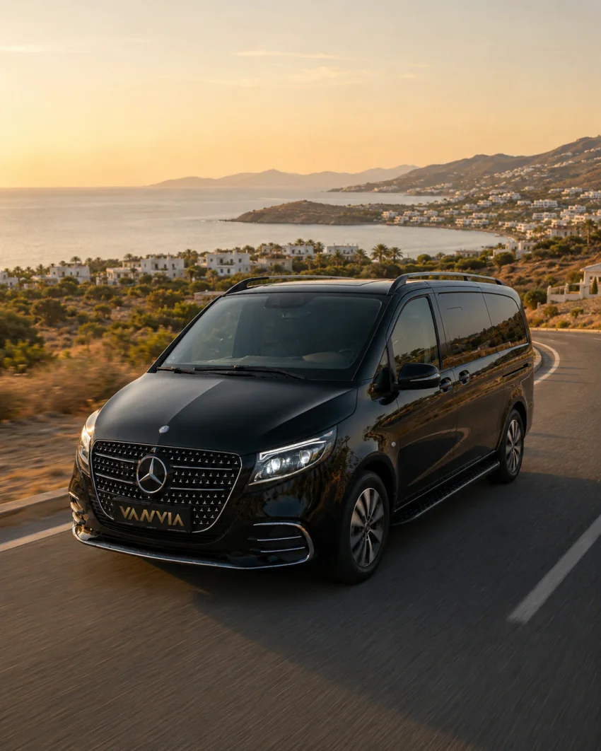 A black Vanvia VIP transfer vehicle driving along a coastal road near Turgutreis, with a wide bay view