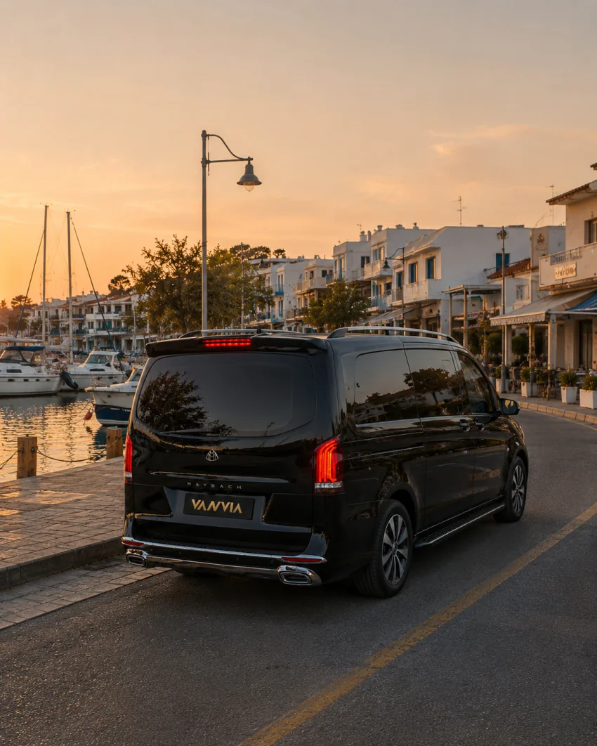 A rear view of a black Vanvia VIP transfer vehicle by the boats and promenade cafés around Turgutreis harbor