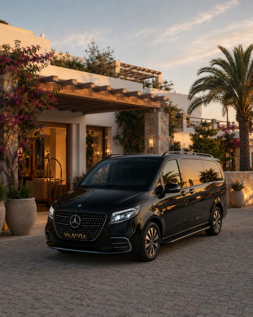 A black Vanvia VIP transfer vehicle waiting at a generic Turgutreis resort entrance with a wooden pergola and bougainvillea