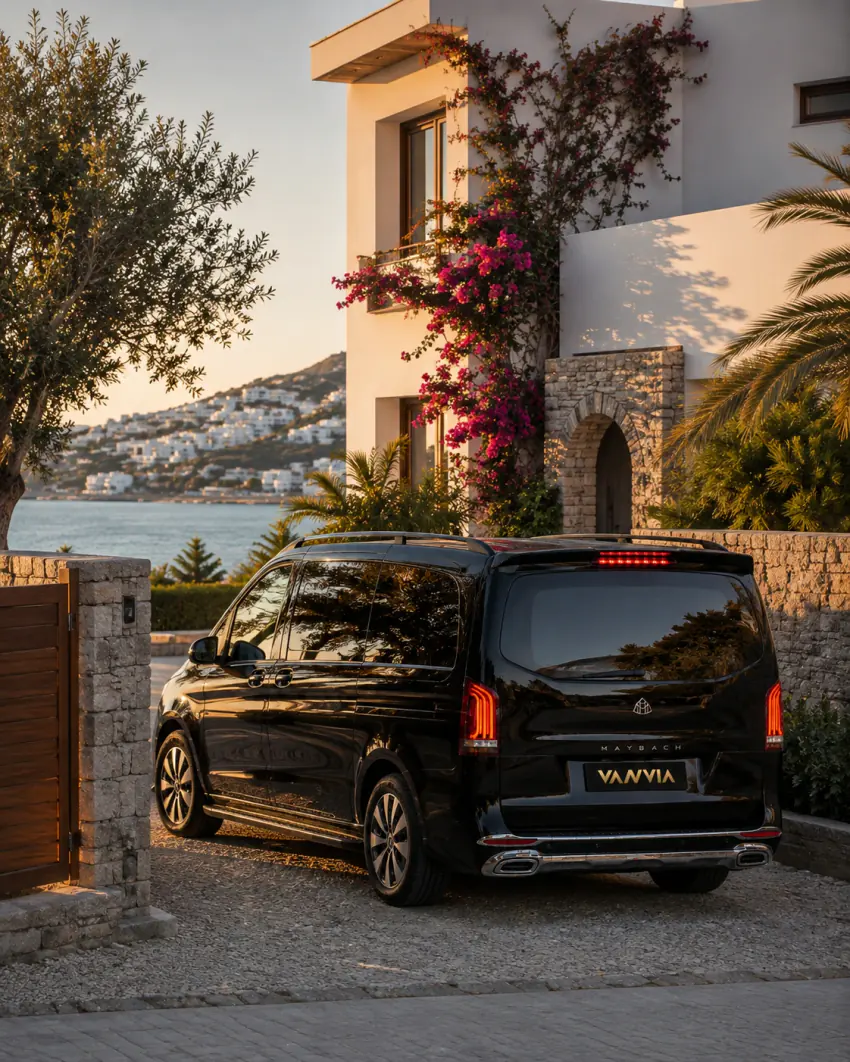 A rear view of a black Vanvia VIP transfer vehicle at a generic Turgutreis villa's stone-walled gate, with an olive tree and sea view