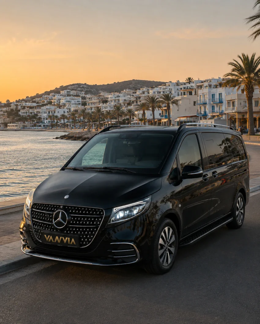 A black Vanvia VIP transfer vehicle parked on the Turgutreis seafront at sunset, with the white town across the bay in view