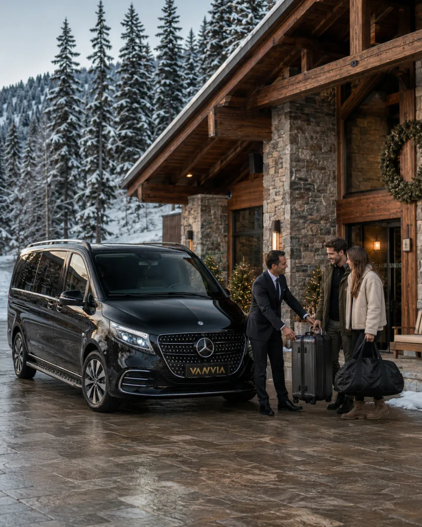 Taş ve ahşap cepheli bir dağ oteli girişinde, şoförün bavul teslim ettiği misafirlerin eşlik ettiği siyah Vanvia VIP transfer aracının ön çapraz görünümü, akşam ışığında karlı çam ağaçları arasında