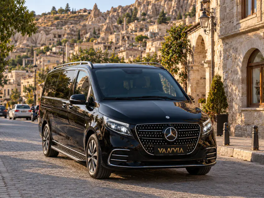 Ürgüp'ün eski kasaba dokusunda taş döşeli bir sokakta duran siyah Vanvia VIP transfer aracı, arka planda kayalık bir yamaç ve taş yapılar