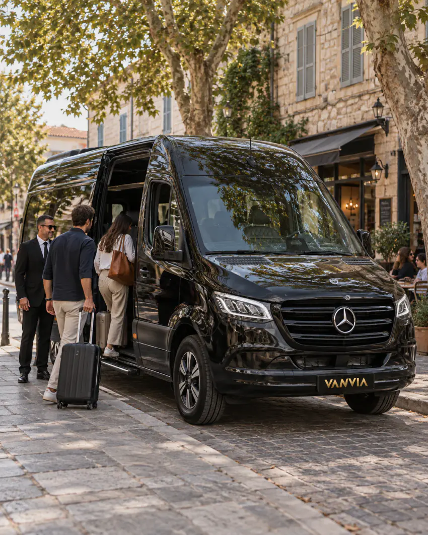 Пассажиры садятся с собственными чемоданами в чёрный VIP-автомобиль Vanvia у края мощёной улицы с каменными фасадами в тени платанов в Урле; водитель ждёт у открытой боковой двери