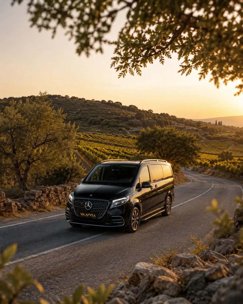 Urla yönünde, iki yanında bağ sıraları ve zeytin ağaçları bulunan taş duvarlı kıvrımlı bir kırsal yolda gün batımı ışığında ilerleyen siyah Vanvia VIP transfer aracının ön görünümü, arkada tepelik bağ bölgesi