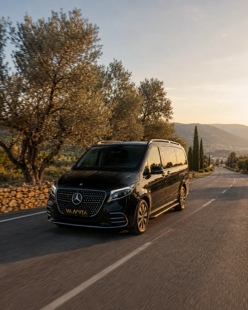 Zeytin ağaçları ve selvi ağaçlarıyla çevrili açık bir kırsal yolda, uzakta tepelik bir yerleşimin göründüğü bir noktada ilerleyen siyah Vanvia VIP transfer aracının ön görünümü, gün ışığı
