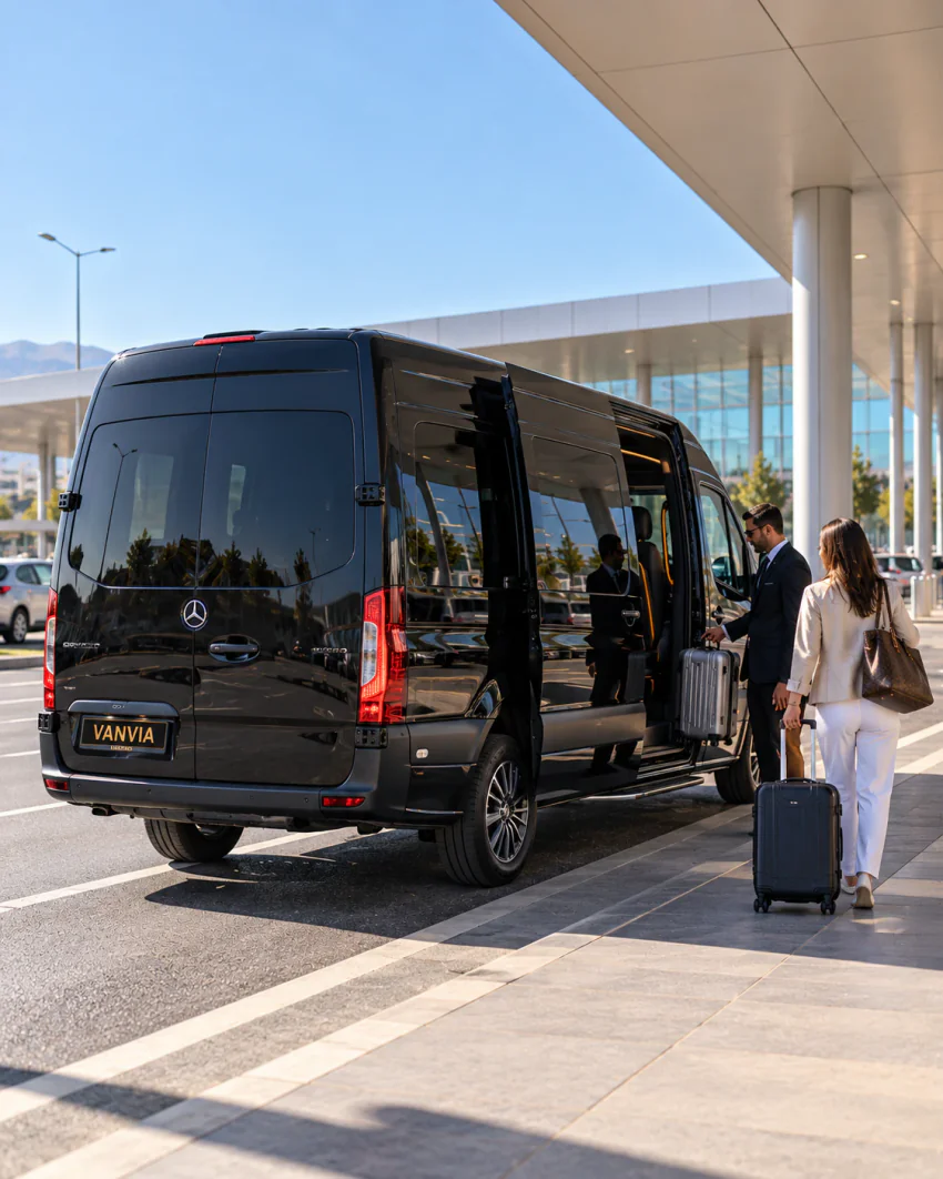 منظر خلفي جانبي لسيارة نقل VIP سوداء من فانفيا بابها الجانبي المنزلق الأيمن مفتوح وأبوابها الخلفية مغلقة، والسائق يحمّل حقيبة عند الباب بينما تقترب مسافرة بحقيبتها، وخلفهما مظلة مبنى ركاب بأعمدة