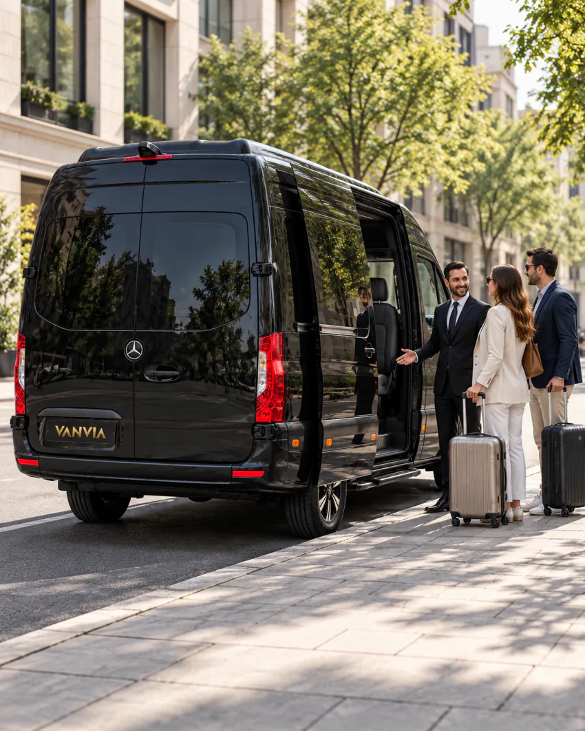 منظر خلفي جانبي لسيارة نقل VIP سوداء من فانفيا بابها الجانبي المنزلق الأيمن مفتوح، والسائق يرشد مسافرَين مع حقائبهما من الرصيف إلى الباب