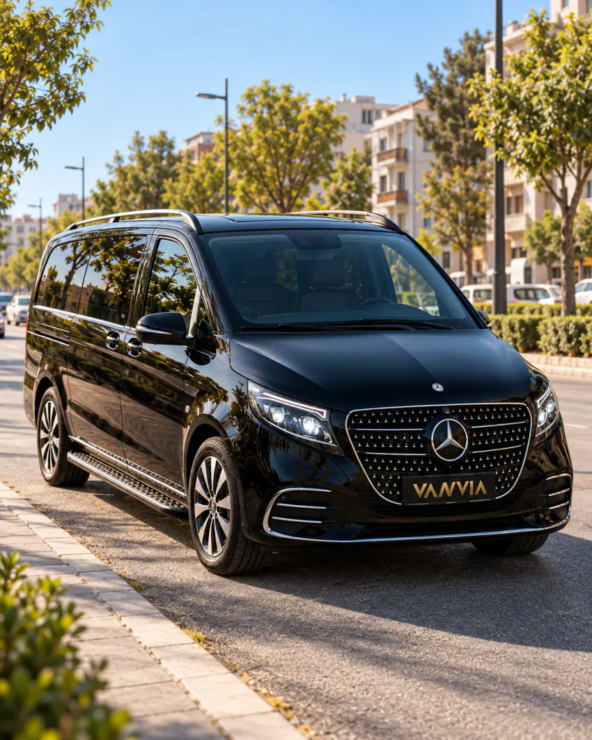 منظر أمامي جانبي لسيارة نقل VIP سوداء من فانفيا عند حافة جادة واسعة تحفّها الأشجار، وخلفها مبانٍ سكنية متوسطة الارتفاع
