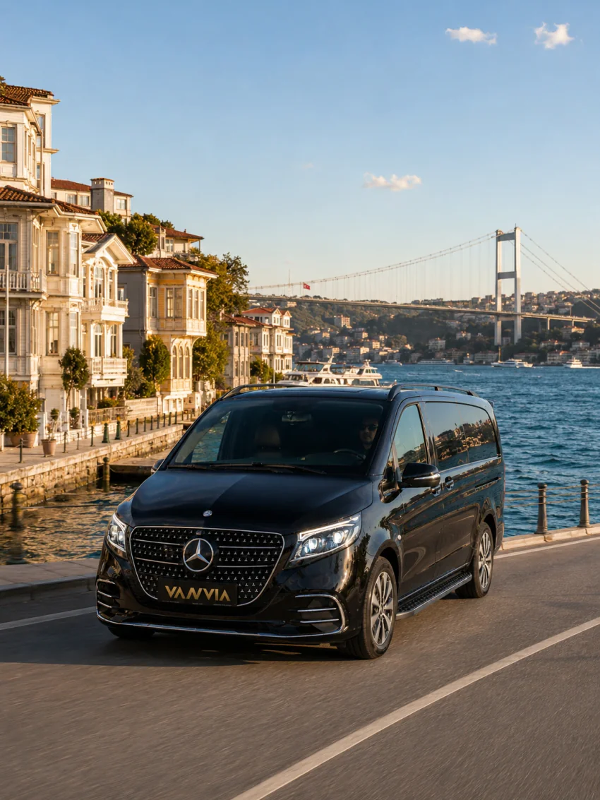 A black Vanvia VIP transfer vehicle driving along the Arnavutköy waterfront past historic mansions and the Bosphorus Bridge