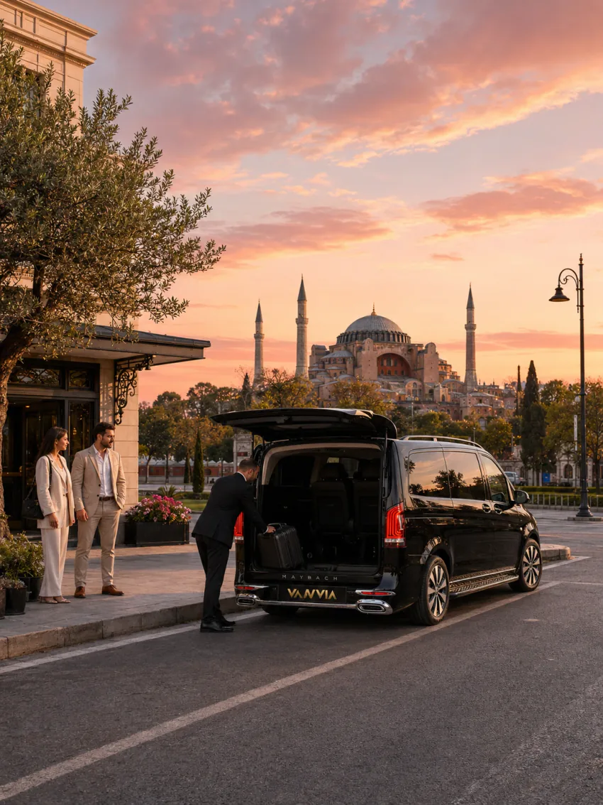 A driver loading luggage with the Hagia Sophia skyline behind, and a black Vanvia VIP transfer vehicle waiting for a hotel transfer