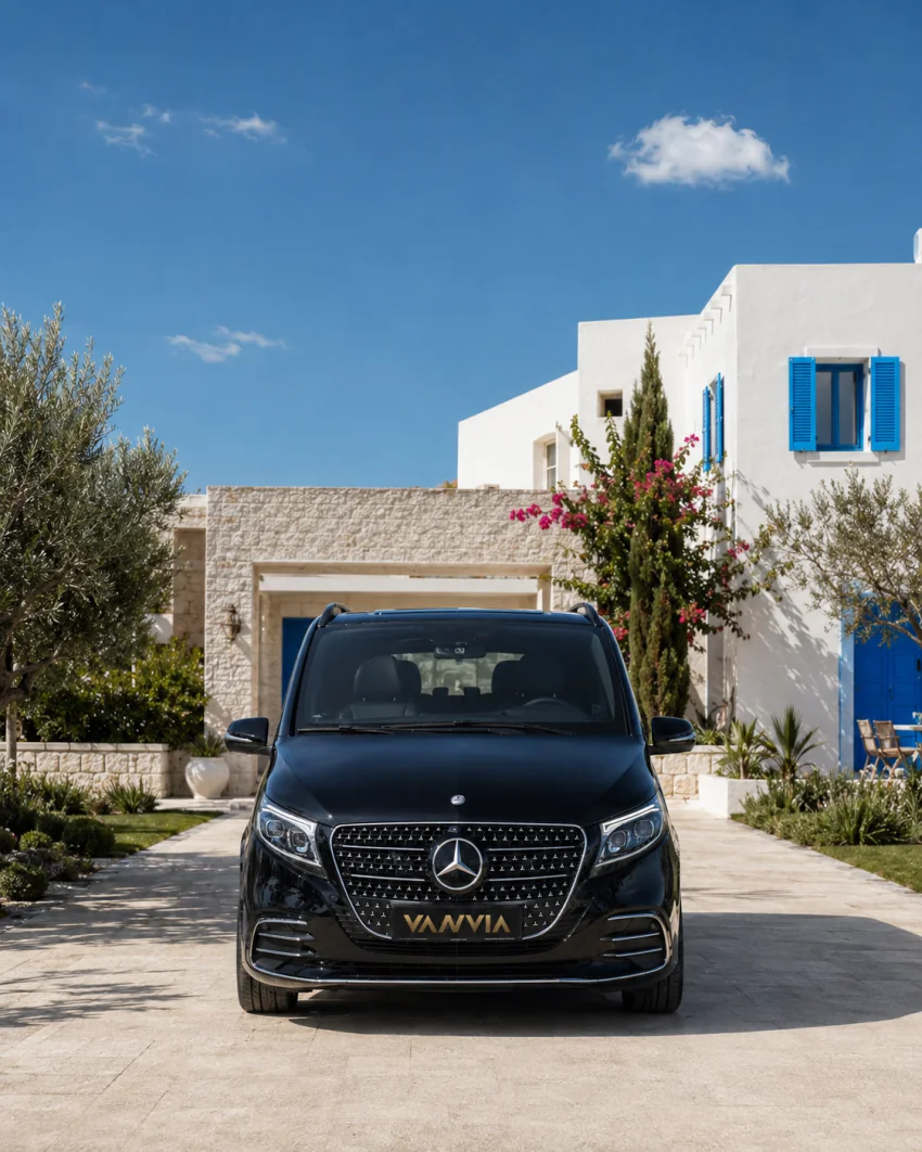 Zeytin ağaçları ve mavi kepenkli beyaz bir Ege villasının önünde gündüz bekleyen siyah Vanvia transfer aracı