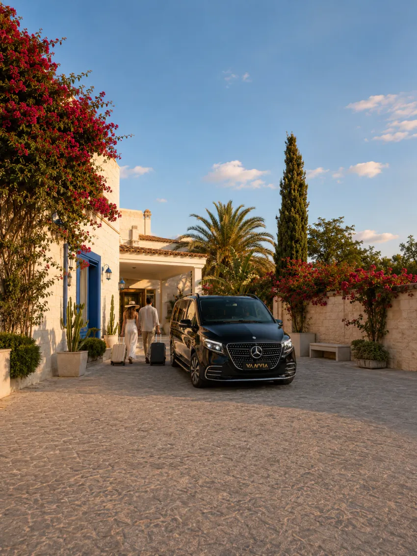 A couple walking with their suitcases toward a stone boutique hotel entrance in golden hour, with a black Vanvia hotel transfer vehicle waiting in front