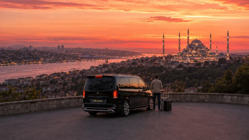 Büyük Çamlıca tepesinden gün batımında Boğaz ve cami silüeti manzarasında bekleyen siyah Vanvia VIP transfer aracı