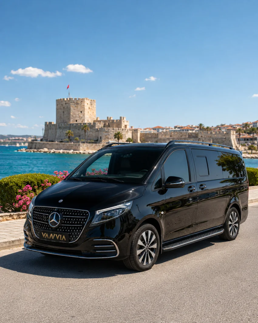 A black Vanvia transfer vehicle waiting by day on the coastal road with a view of Cesme Castle