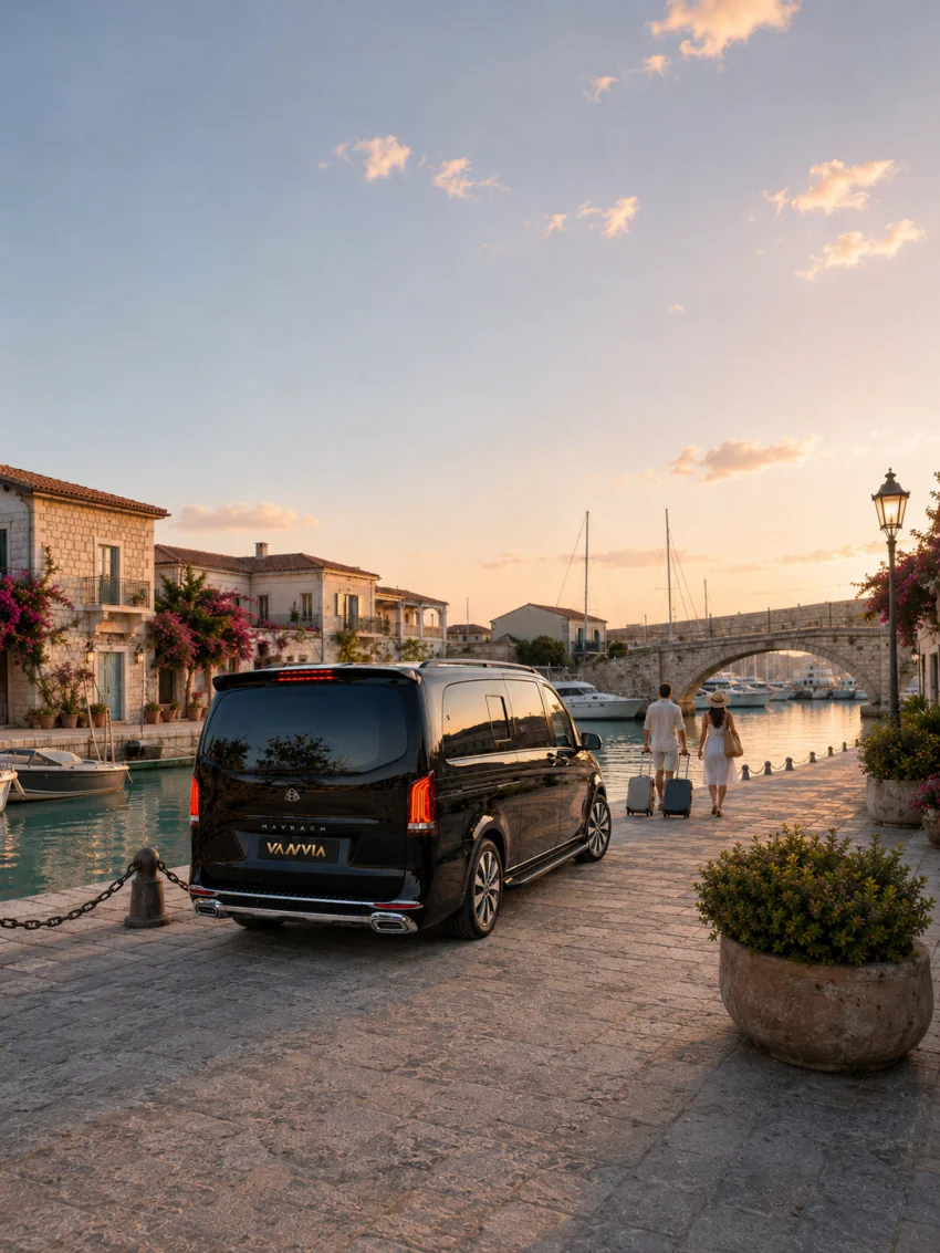 A couple walking with their suitcases toward the quay at a stone Aegean harbour in golden hour, with a black Vanvia transfer vehicle waiting behind them