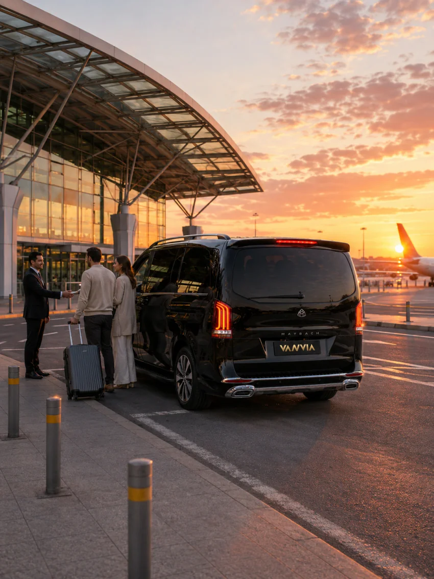 Pistte uçağın göründüğü, altın saatte terminal önünde bagaj yerleştirilen siyah Vanvia VIP transfer aracı