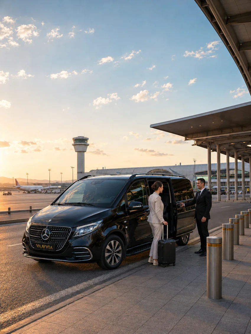 Pistte uçağın göründüğü terminal önünde bavullarıyla araca yürüyen yolcular ve siyah Vanvia VIP transfer aracı