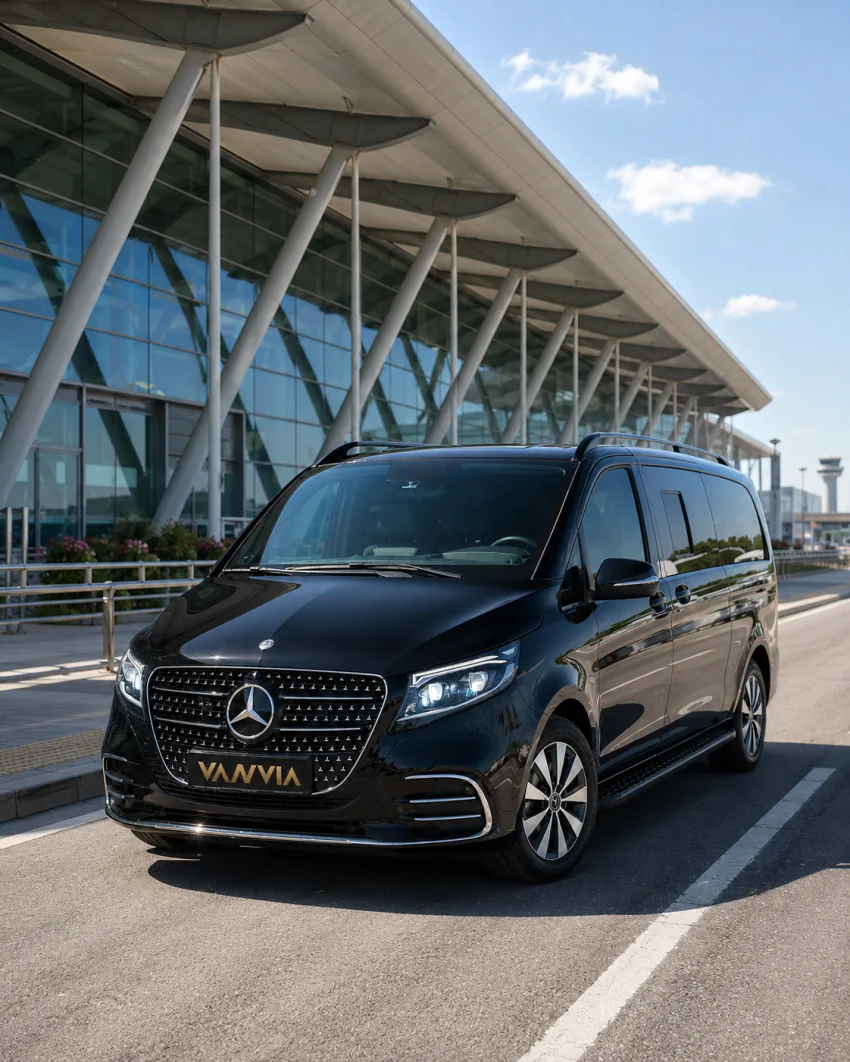 Modern havalimanı terminali önünde gündüz bekleyen siyah Vanvia VIP transfer aracı